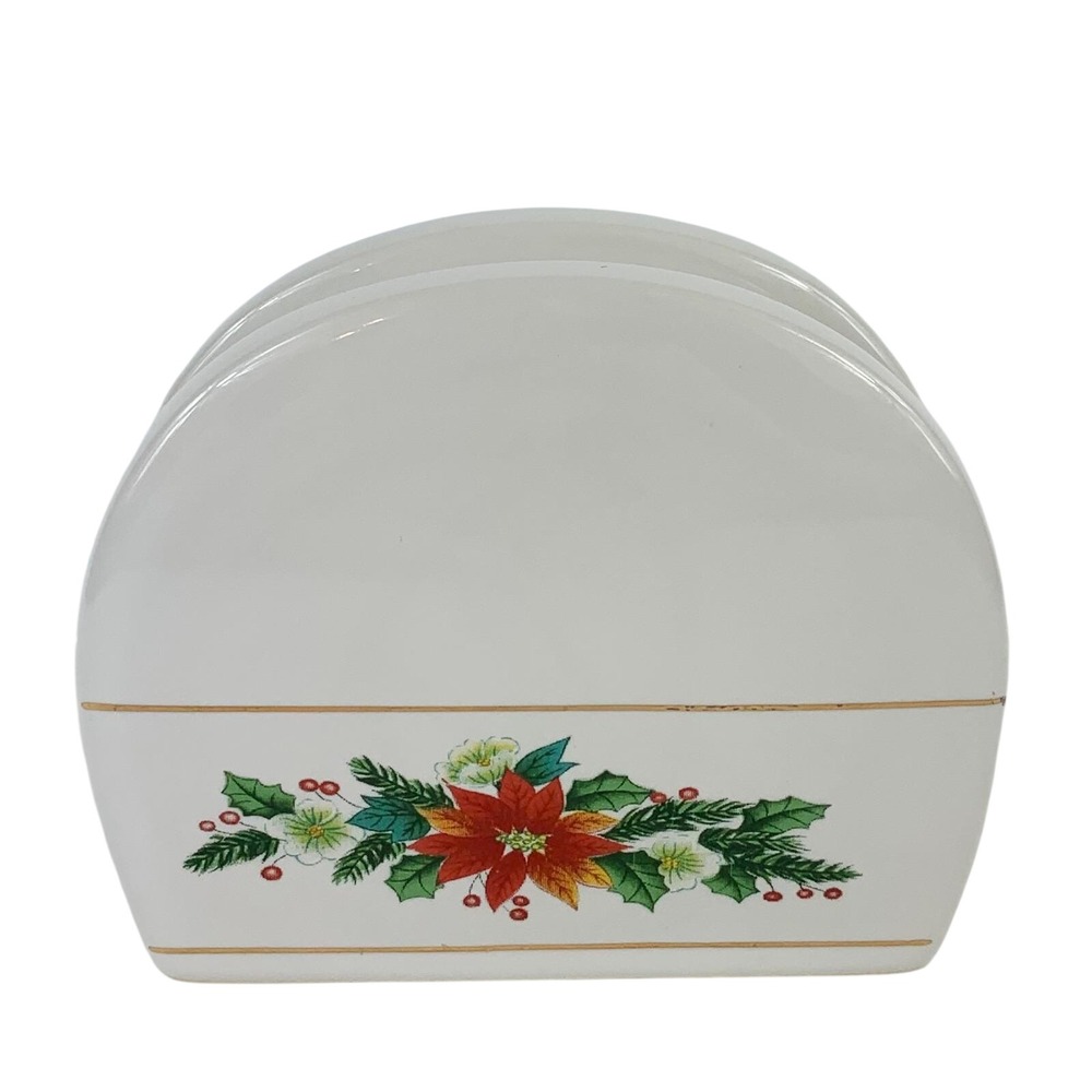 Royal Norfolk Christmas Poinsettia Ceramic Napkin Holder White Gold Trim Holiday